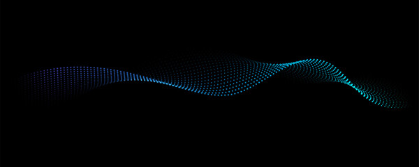 Flowing dot particles light wave pattern halftone blue and green gradient smooth curve shape isolated on black background. Vector in concept of technology, science, music, modern. - 668044570
