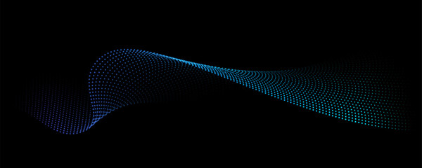 Flowing dot particles light wave pattern halftone blue and green gradient smooth curve shape isolated on black background. Vector in concept of technology, science, music, modern. - 668044578