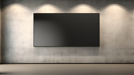 Modern museum or exhibition hall interior with illuminated empty black mock up banner on old concrete wall with light. 
