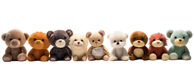 Set of Children's Stuffed Animals Lined Up Isolated on Transparent or White Background, PNG
