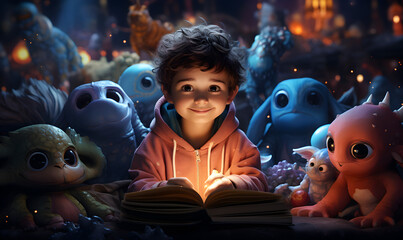 un petit garçon lit un livre dans sont lit et s'imagine vivre des aventures - style illustration - obrazy, fototapety, plakaty
