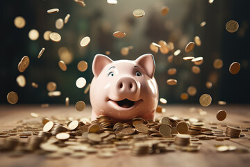 Coins falling from the sky nest to a piggy bank - obrazy, fototapety, plakaty