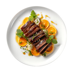 Top View of Gourmet Duck à l'Orange on White Isolated on Transparent or White Background, PNG