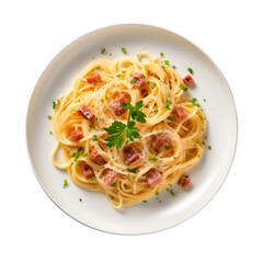 Top View of Spaghetti Carbonara with Grated Parmesan Isolated on Transparent or White Background, PNG