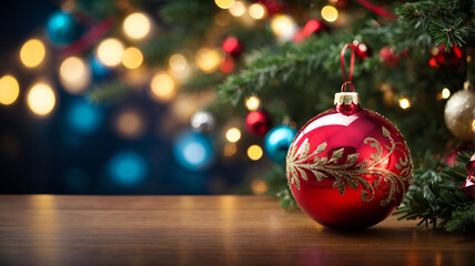 Fototapeta na wymiar Christmas banner, holidays banner, christmas tree, Christmas balls, bokeh background