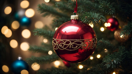 Christmas banner, holidays banner, christmas tree, Christmas balls, bokeh background