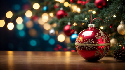 Christmas banner, holidays banner, christmas tree, Christmas balls, bokeh background