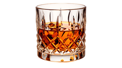 Cut Crystal Glass Filled with Whiskey on White Transparency Isolated on Transparent or White Background, PNG