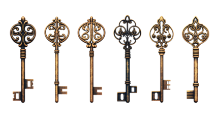 Antique Keys Arranged in Circle on Transparent Background Isolated on Transparent or White Background, PNG