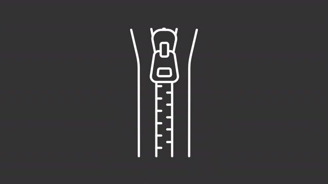 2D white simple thin line animation of zipper repair icon, HD video with transparent background, seamless loop 4K video representing clothing alteration.