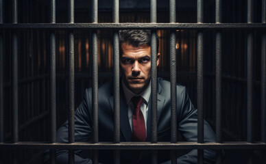 Arrested businessman in a prison cell in jail behind bars - obrazy, fototapety, plakaty