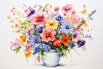 Bouquet of colored flowers in a vase in drawing style