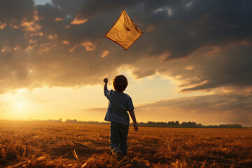 Little baby flies a kite in a field at sunset