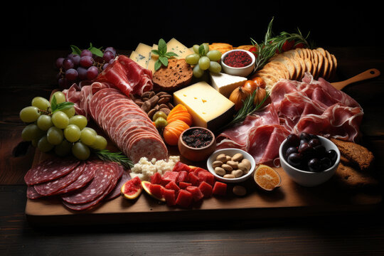 Cheese, sausages and and smoked meats, slicing with snacks on a cutting board
