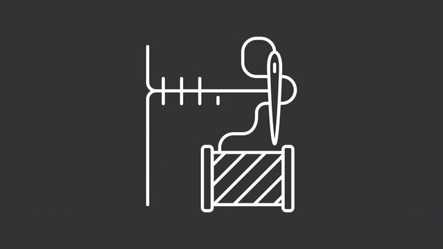 2D white simple thin line animation of hemming icon, HD video with transparent background, seamless loop 4K video representing clothing alteration.