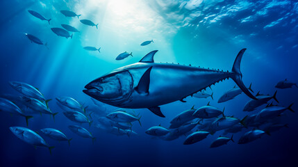 Large Tuna fish swimming in the ocean. Shallow field of view with copy space.