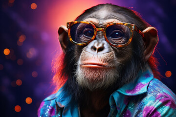 a chimpanzee and a headset wearing glasses