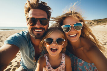 Selfie of father and daughters at the beach on vacation