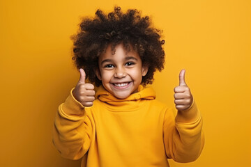 Cheerful child girl shows thumb up like gesture