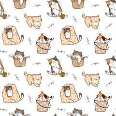 Seamless Pattern of Cartoon Cute Cat Design on White Background