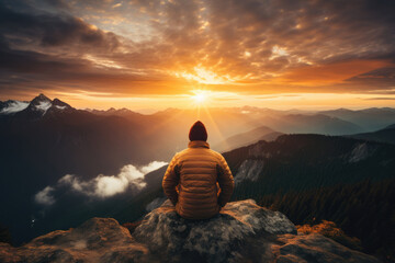 man meditates on the top of a mountain, the concept of unity with nature, travel, vacation - obrazy, fototapety, plakaty
