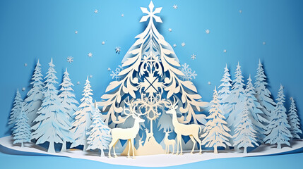 snow winter, a christmas tree, Santa Claus, reindeer, in white paper cut art