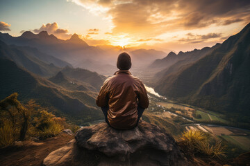Male yogi meditating on top of a mountain - obrazy, fototapety, plakaty