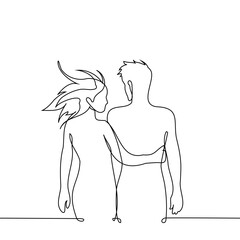 silhouettes of male and female body stand next to each other looking at each other and woman hugs him, hair fluttering in wind - one line art vector. concept heterosexual couple with beautiful bodies