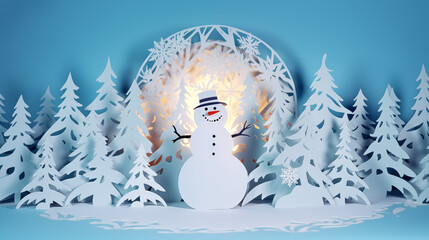 Obraz premium snow winter, a christmas tree, snow man, in white paper cut art