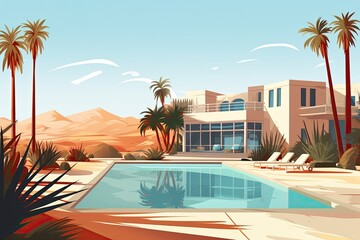 luxury futuristic house in desert landscape with pool illustration - obrazy, fototapety, plakaty