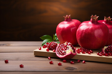 Generative AI Image of Red Pomegranates Fruit with Seeds on Wooden Table