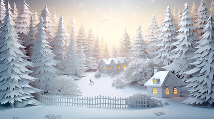 snow winter landscape, christmas tree, little house, in white paper cut art - obrazy, fototapety, plakaty
