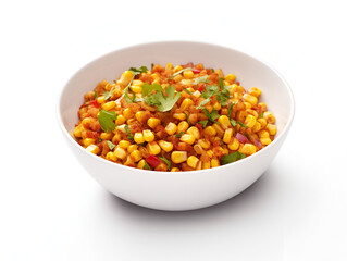 Mexican corn esquites salad in a white bowl on white background, Mexican traditional street food