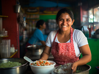 A smiling Hispanic woman making different street food on a selling market	