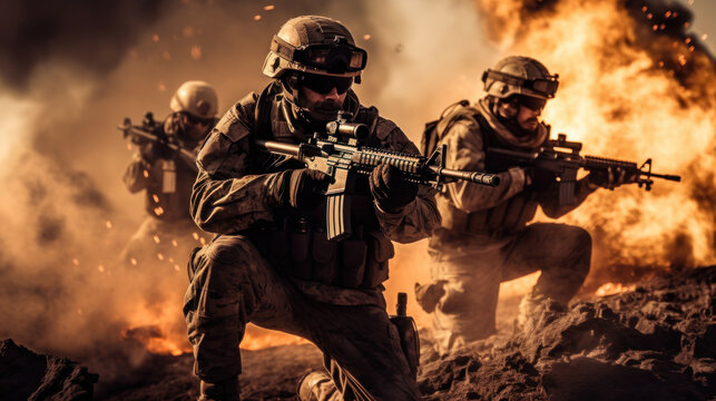 Special Forces team on the battlefield where there are explosions,