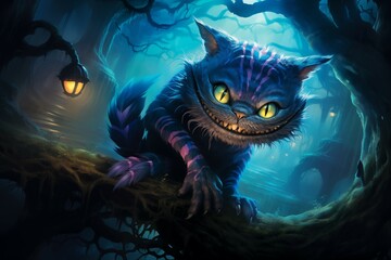 Cheshire cat smiling on a tree. Generative Ai - obrazy, fototapety, plakaty