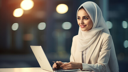 Dubai business woman working on the laptop in the white office - obrazy, fototapety, plakaty