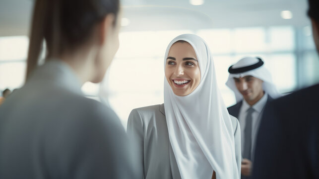 Dubai business woman talking with foreign business people in the white office