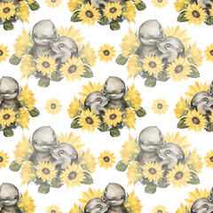 otter and sunflower png seamless pattern