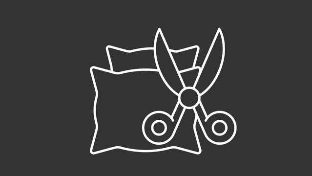Collection of white thin line icon animations representing clothing alteration, HD video with transparent background, seamless loop 4K video.
