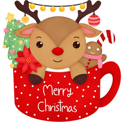 Watercolor reindeer in a red glass inside the glass is gingerbread, a Christmas tree, a candy cane, and Poinesettia