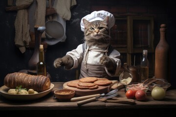 Fototapeta na wymiar Cat chef with hat in the kitchen prepares food.