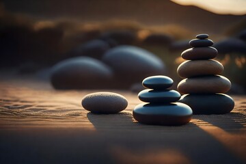 zen stones on the beach at sunset