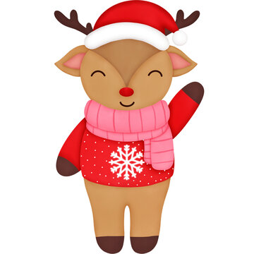 Watercolor reindeer wearing a red sweater wearing a pink scarf and wearing a Santa hat