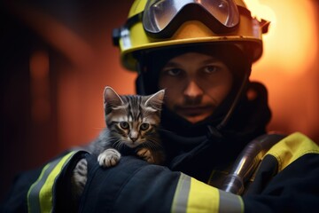Everyday Heroes – Firefighter holding a Cat – Saving Pet  - AI Generated