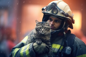 Everyday Heroes – Firefighter holding a Cat – Saving Pet  - AI Generated