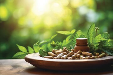 Natural Supplements - Herbal Capsules in a Wooden Bowl - AI Generated