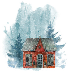 PNG Watercolor illustration with winter house  - 668051176