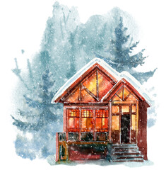 PNG Watercolor illustration with winter house  - 668051342