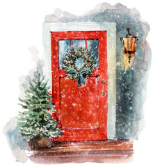 PNG Watercolor illustration with winter house red door - 668051358